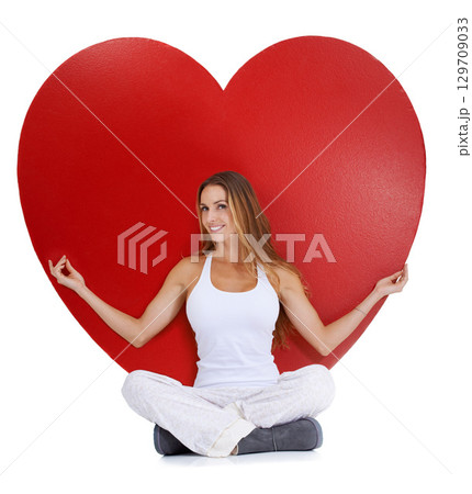 Heart, love and woman portrait sitting with a smile, happiness and isolated white background. Hearts cartoon, calm and model happy about romance vision, valentines day and beauty with mock up 129709033