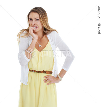 Nervous, scared and woman biting fingernails for anxiety, mistake and fear with bad habit. Stress, worry and surprise with isolated girl feeling embarrassed for overwhelmed, pressure and insecure 129709045