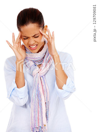 Woman, headache and stress or pain while frustrated with anxiety, depression and burnout or mental health. Face of a female feeling fatigue, sick or brain fog problem isolated on a white background 129709081