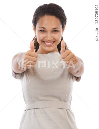Thumbs up, satisfaction and portrait of happy black woman with emoji gesture for congratulations, job well done or winner. Agreement, finished and studio girl with yes hand sign on white background Thumbs up, satisfaction and portrait of happy black woman with emoji gesture for congratulations, job well done or winner. Agreement, finished and studio girl with yes hand sign on white background 129709102