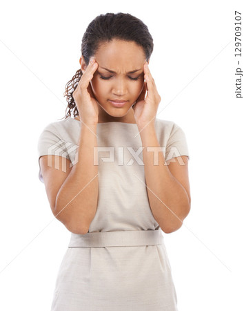 Headache, stress and black woman with work burnout, anxiety and depression on a white background in studio. Mental health, mistake and African girl with a migraine from working on a studio background 129709107