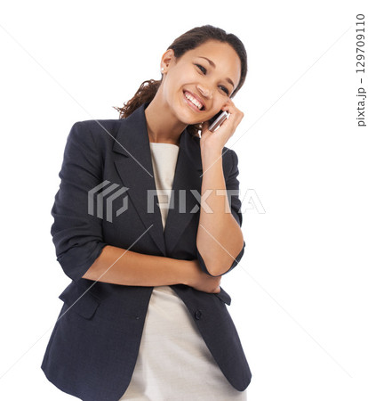 Business, black woman and phone call for communication, connection and female isolated on white studio background. African American girl, ceo or lady with smartphone, talking or conversation for deal 129709110
