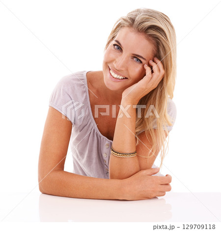 Happy, smile and portrait of calm woman with confidence isolated on white background in studio. Peace, happiness and beautiful model with confident body language, pride and zen on a studio background Happy, smile and portrait of calm woman with confidence isolated on white background in studio. Peace, happiness and beautiful model with confident body language, pride and zen on a studio background 129709118