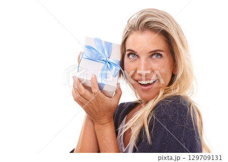 Gift box, wonder and studio face of woman with surprise birthday present, luxury sales product or Christmas gift box. Shopping mock up, ribbon and happy model girl isolated on mockup white background 129709131