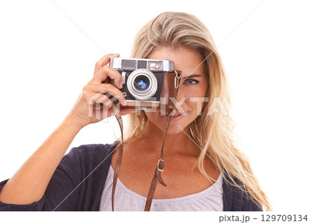 Photographer, face portrait and woman with camera for vintage photo shooting, picture memory or lens photoshoot. Retro digital photography, paparazzi girl and studio model smile on white background 129709134