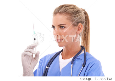 Vaccine, healthcare and doctor with a syringe for medicine on a white background in studio. Nurse, medical and surgeon with a covid injection for a virus, disease or illness on a studio background 129709158