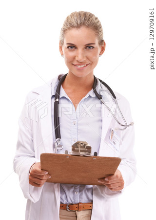 Portrait, woman and healthcare doctor with checklist in studio on a white background. Face, wellness and happy female medical worker from Canada with clipboard for research, prescription or schedule. Portrait, woman and healthcare doctor with checklist in studio on a white background. Face, wellness and happy female medical worker from Canada with clipboard for research, prescription or schedule. 129709161
