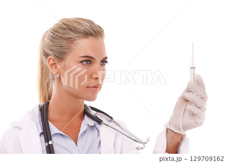 Woman doctor, healthcare and syringe for a injection on a white background for health and wellness. Face of a female medical worker with medicine, drugs or vaccine shot mockup in hand in studio 129709162