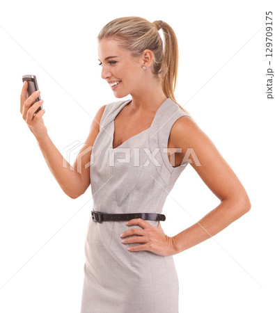 Business woman, smartphone or video call on isolated white background in job interview, recruitment or hiring online meeting. Happy smile, talking or hr manager on communication technology on mockup 129709175