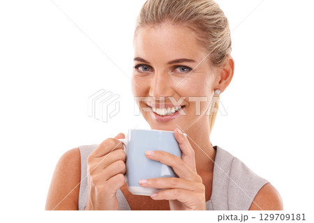 Business woman, portrait or drinking coffee on isolated white background in recruitment ideas, innovation or vision. Smile, happy or corporate worker with tea cup, human resources goals or hr mockup 129709181
