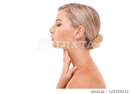 Beauty, skincare and woman in studio for wellness, anti aging and cosmetics on white background. Skin, model and girl relax during self care routine, glowing and content with healthy skin and mockup 129709232