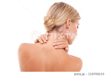 Blond woman, back and hands in skincare, beauty and touching neck against a white studio background. Isolated young female with blond hair relaxing in self love or self care on white background Blond woman, back and hands in skincare, beauty and touching neck against a white studio background. Isolated young female with blond hair relaxing in self love or self care on white background 129709233