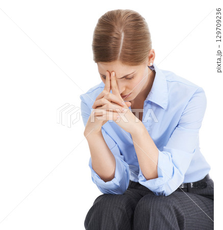 Corporate worker, hands or stress headache on isolated white background in mental health or anxiety burnout. Thinking business woman, worried or employee in company investment or financial tax crisis 129709236