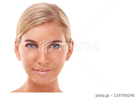 Skincare, portrait and woman in studio for wellness, hygiene and grooming on white background. Face, beauty and girl model relax after skin treatment, cosmetics and dermatology care, calm and perfect Skincare, portrait and woman in studio for wellness, hygiene and grooming on white background. Face, beauty and girl model relax after skin treatment, cosmetics and dermatology care, calm and perfect 129709240
