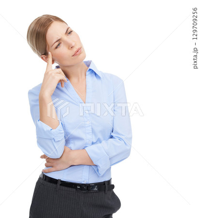 Business woman, thinking and confused while isolated on a white background with doubt about a decision. Serious female entrepreneur frustrated and unsure about a question, solution or mockup space Business woman, thinking and confused while isolated on a white background with doubt about a decision. Serious female entrepreneur frustrated and unsure about a question, solution or mockup space 129709256
