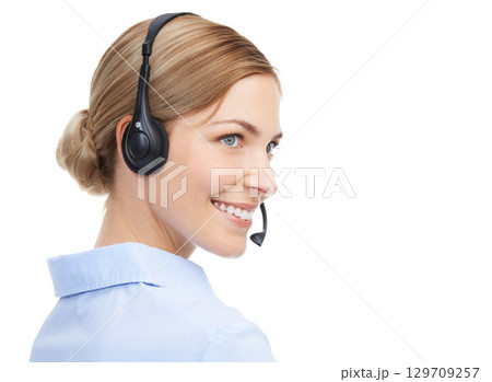 Face, call center and customer service of woman in studio isolated on white background mock up. Crm, thinking and smile of happy female telemarketing worker, consultant or sales agent from Canada. Face, call center and customer service of woman in studio isolated on white background mock up. Crm, thinking and smile of happy female telemarketing worker, consultant or sales agent from Canada. 129709257