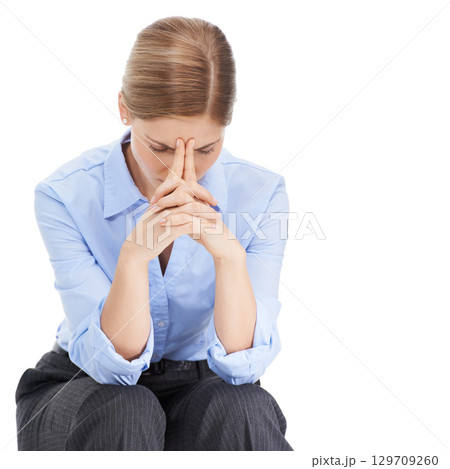 Business woman, hands or stress headache on isolated white background in mental health or anxiety burnout. Thinking corporate worker, worried or employee in company investment or financial tax crisis Business woman, hands or stress headache on isolated white background in mental health or anxiety burnout. Thinking corporate worker, worried or employee in company investment or financial tax crisis 129709260