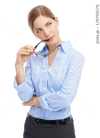 Thinking, glasses and a business woman in studio on a white background with a future focus mindset. Vision, idea and spectacles with a female employee holding an eyewear frame while contemplating 129709278