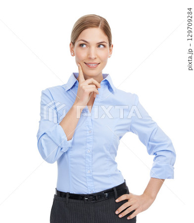Business, woman and thinking of ideas in studio, mindset or planning goals to remember memory. Inspiration, decision and female worker daydream on white background for vision, hope and mind solution 129709284