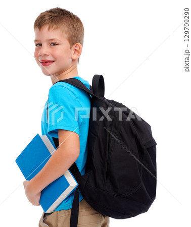 Boy child, studio portrait and backpack with book, smile and happiness for education goal by white background. Isolated student kid, learning and school with smile, happy and ready to start reading Boy child, studio portrait and backpack with book, smile and happiness for education goal by white background. Isolated student kid, learning and school with smile, happy and ready to start reading 129709290