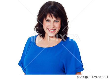 Happy, smile and portrait of a woman in a studio with a casual outfit, confidence and positive mindset. Happiness, face and natural female model with stylish clothes isolated by a white background. 129709291