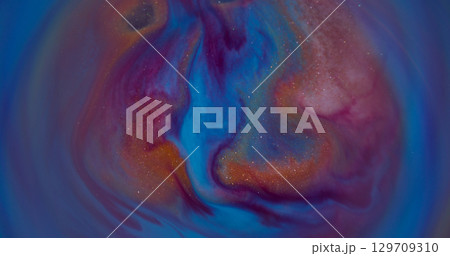 Paint sparkle. Blur ink wave. Defocused blue orange purple colorful liquid glitter texture water on abstract art acrylic background. 129709310