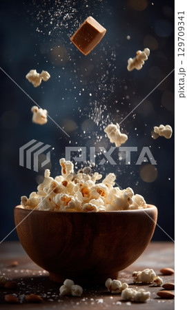 A wooden bowl filled with fresh popcorn, pieces of popcorn flying in mid-air with salt particles around 129709341
