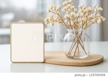 White square with a black border sits on a wooden board White square with a black border sits on a wooden board 129709389