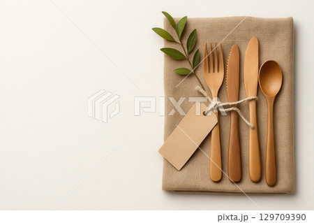 Wooden fork, knife, and spoon are tied together with a string Wooden fork, knife, and spoon are tied together with a string 129709390