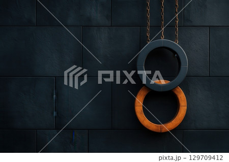 Two black and orange tires hanging from a chain on a brick wall 129709412