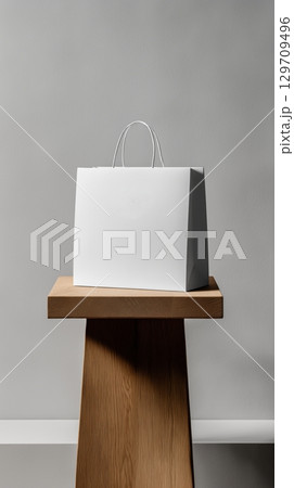 White bag is sitting on a wooden table 129709496