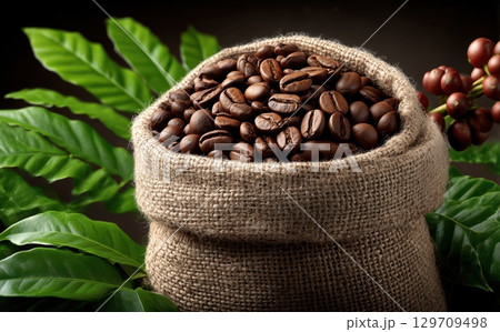 Bag of coffee beans is sitting on a leafy green plant 129709498