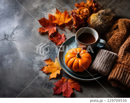 Pumpkin and a cup of coffee are on a plate with autumn leaves 129709530