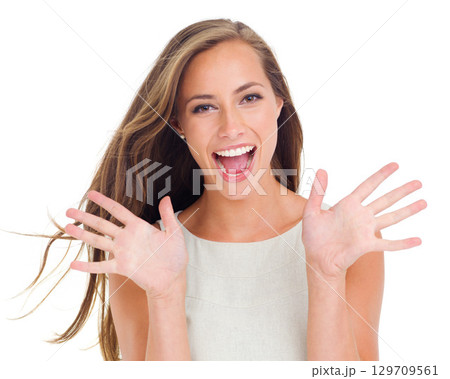 Portrait, wow and a woman excited in studio isolated on a white background with a surprise hand gesture. Hands, motivation and winner with an attractive young female in celebration on blank space Portrait, wow and a woman excited in studio isolated on a white background with a surprise hand gesture. Hands, motivation and winner with an attractive young female in celebration on blank space 129709561