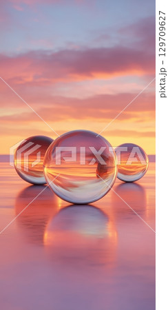 Three glossy glass orbs floating or resting on a smooth pastel landscape, reflecting a vibrant sunset sky with orange, pink, and blue tones. 129709627