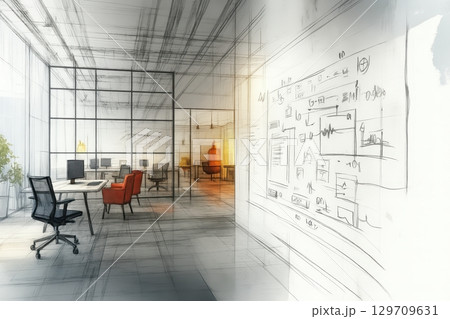 White board with drawings of a design room with a desk and chairs. Design office. 129709631
