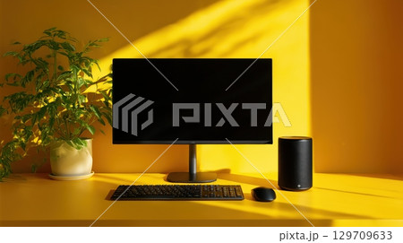 Minimalist desktop setup with a black computer monitor, wireless keyboard, and cylindrical speaker on a bright yellow desk against a vivid yellow wall. 129709633