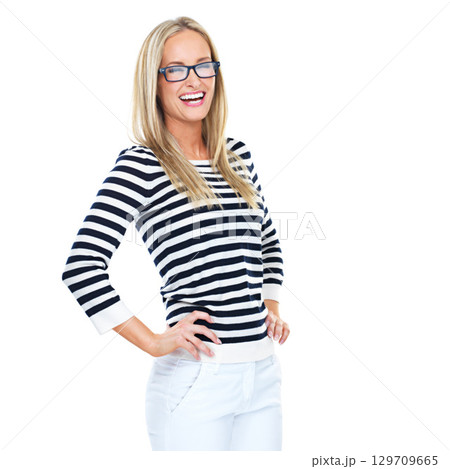 Portrait, mockup and laugh with a model woman in studio isolated on a white background while standing hands on hips. Glasses, funny and mock up with a young female posing to promote blank space 129709665
