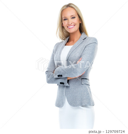 Business woman, proud and happy entrepreneur portrait with a smile and arms crossed isolated. White background, success and executive happiness of a model worker ready for work with mockup space 129709724
