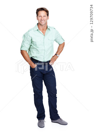 Happy businessman, portrait or hands on hips on isolated white background with marketing goals or advertising ideas. Smile, mature or worker with success mindset, about us or growth innovation mockup 129709734