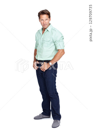 Thinking businessman, portrait or ideas on isolated white background in strategy planning, innovation or target goals. Mature worker, ceo or management with curious facial expression on studio mockup Thinking businessman, portrait or ideas on isolated white background in strategy planning, innovation or target goals. Mature worker, ceo or management with curious facial expression on studio mockup 129709735