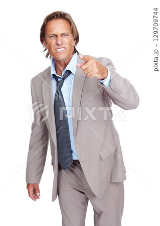 Point, angry and business man portrait of a professional manager feeling frustrated. Isolated, white background and anger of a upset person from work in a suit with job problems and conflict Point, angry and business man portrait of a professional manager feeling frustrated. Isolated, white background and anger of a upset person from work in a suit with job problems and conflict 129709744