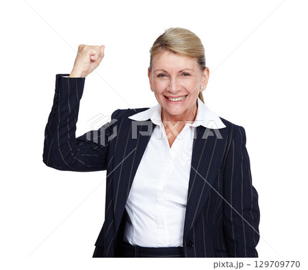 Business woman, winner and success with corporate achievement, goals and leadership isolated on white background. Champion, portrait and professional win with happy senior executive and motivation 129709770