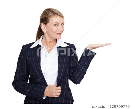 Business, woman with hand out for product placement and mockup space isolated on white background. Marketing, advertising and corporate product announcement or presentation, happy woman ceo in studio 129709779