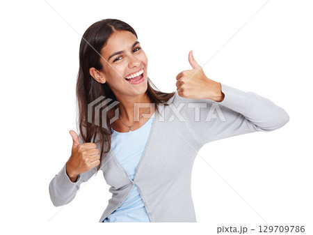 Happy, thumbs up and portrait of a woman with emoji for winning, success and thank you for support or vote. Excited female with yes or like for deal, sale or discount isolated on a white background Happy, thumbs up and portrait of a woman with emoji for winning, success and thank you for support or vote. Excited female with yes or like for deal, sale or discount isolated on a white background 129709786