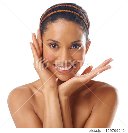 Skincare, beauty and face portrait of woman in studio isolated on a white background. Natural cosmetics, makeup and happy female model satisfied with spa facial treatment for wellness or healthy skin 129709941