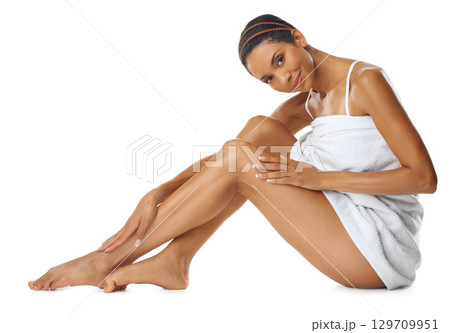 Legs, beauty portrait and woman in studio for skincare shine, cosmetics glow or self care marketing mockup. Dermatology, aesthetic and luxury skin care model with hair removal results for advertising 129709951
