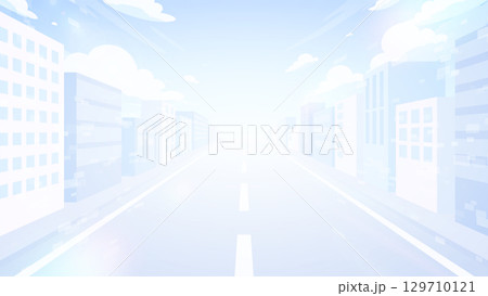 ビル街の中の道路の風景イラスト_明るい_16:9 129710121