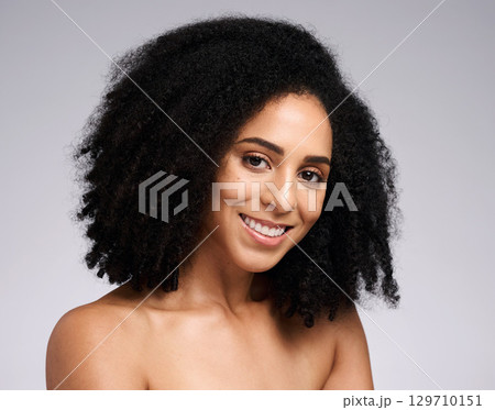 Wellness, beauty and portrait of black woman in studio for skincare, healthy skin and spa aesthetic. Dermatology, makeup and face of happy girl for cosmetics, beauty products and facial treatment 129710151