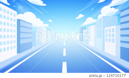 ビル街の中の道路の風景イラスト_青_16:9 ビル街の中の道路の風景イラスト_青_16:9 129710177
